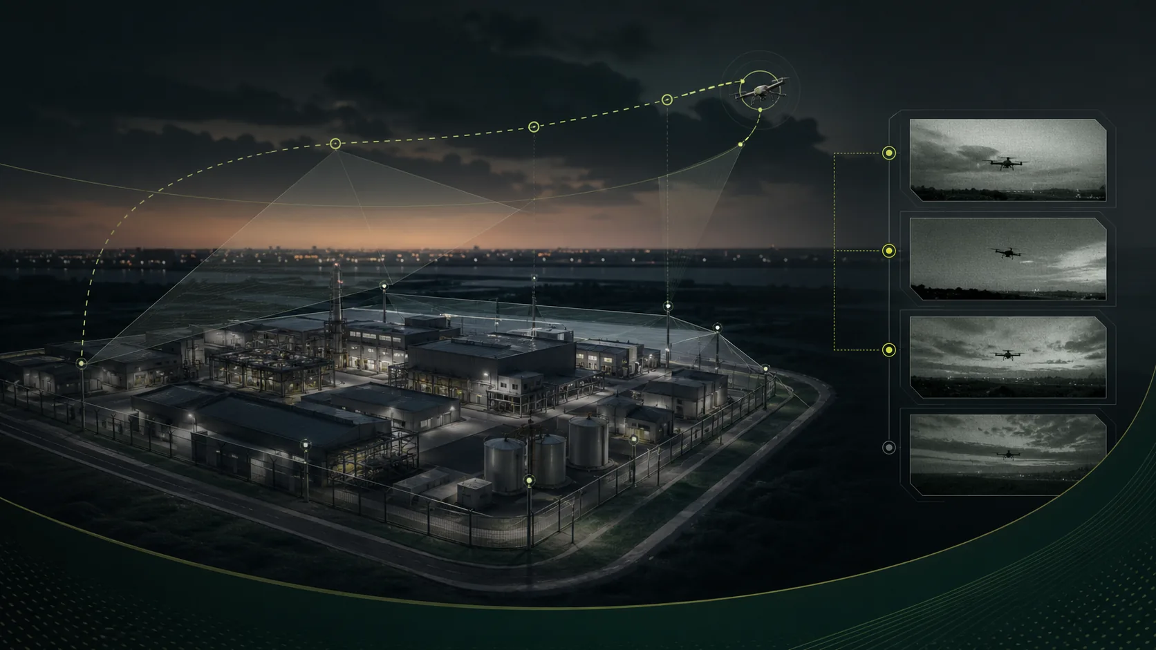 Passive airspace event review visual showing an industrial site, aerial path, and evidence frames.