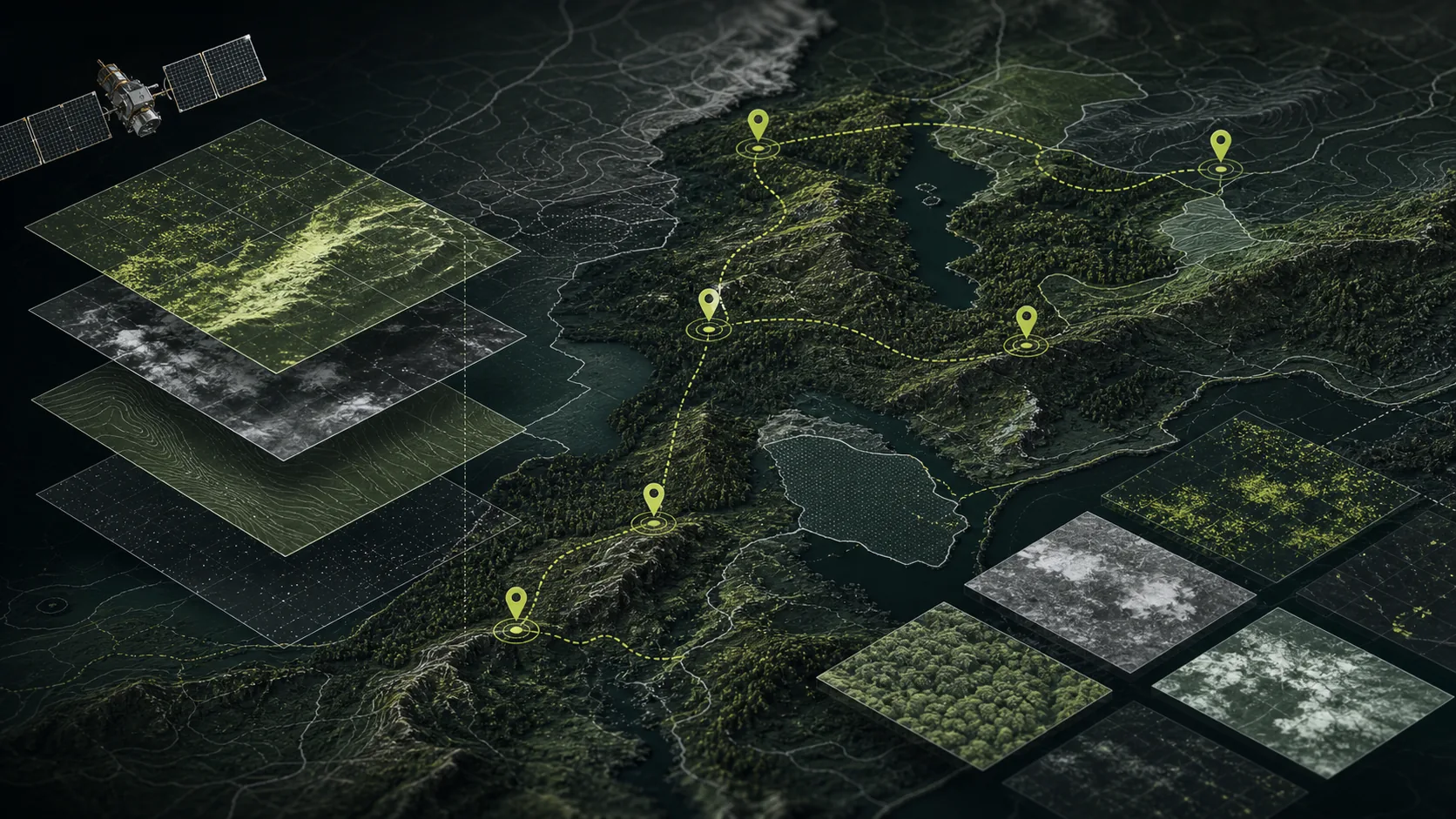 Geospatial evidence visual with layered satellite tiles, terrain, site markers, and environmental observation paths.