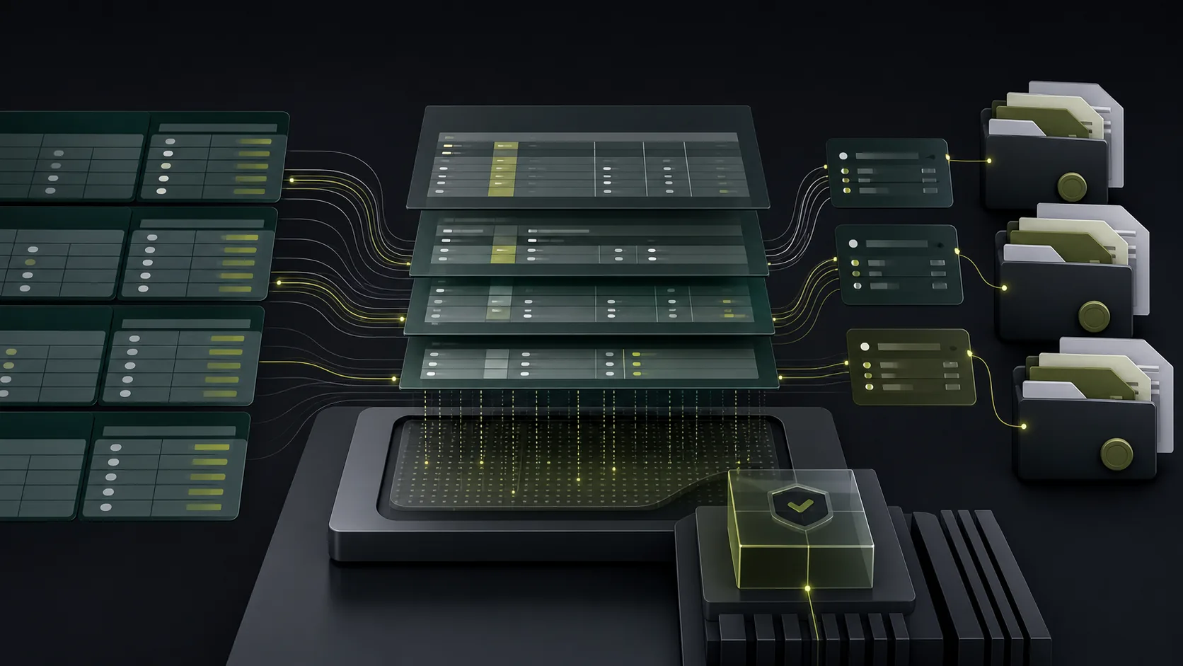Commerce data assurance visual with layered records, reconciliation paths, and evidence folders.