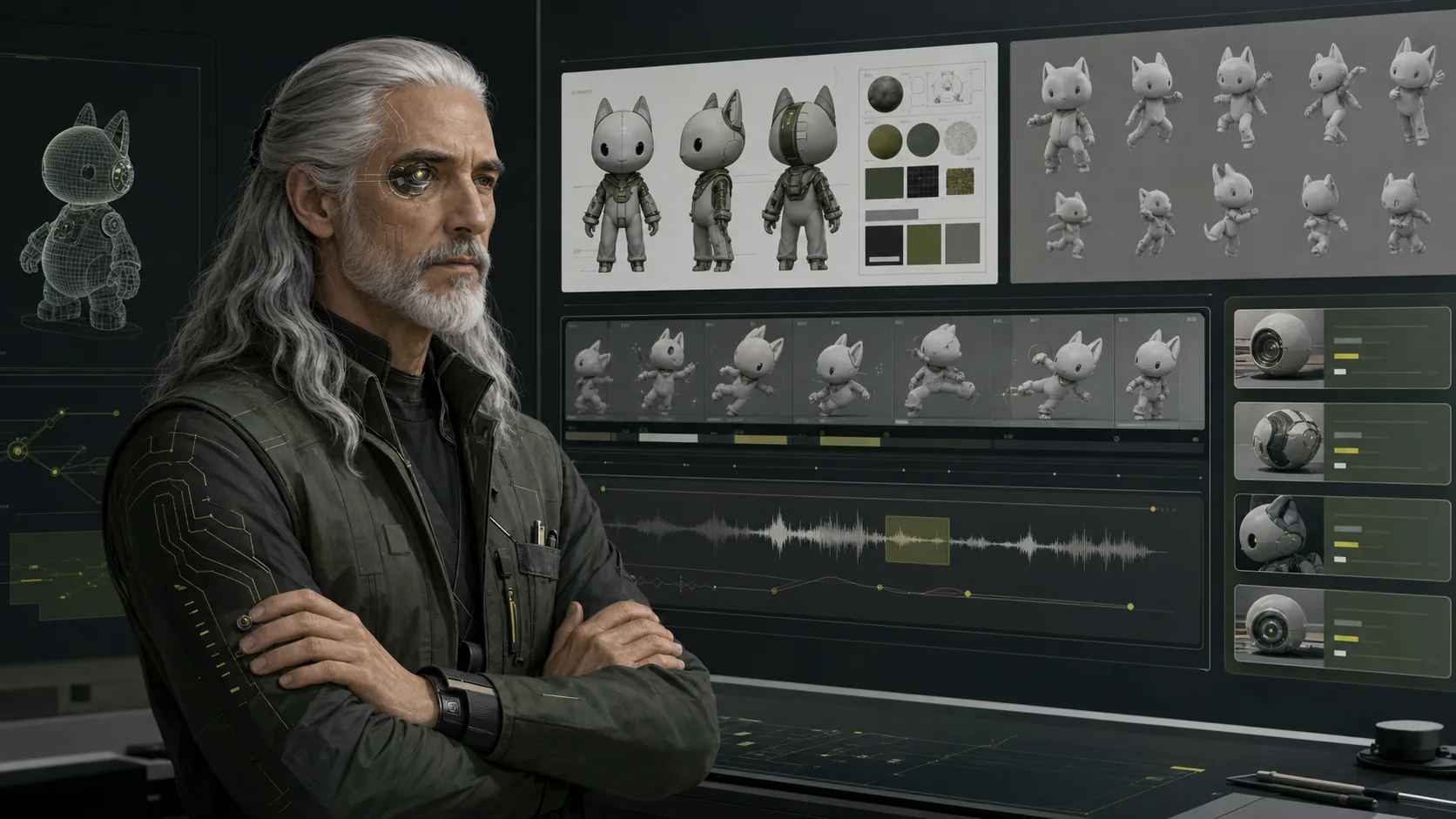 Mentor standing beside a brand character production workspace with pose boards and motion timelines.