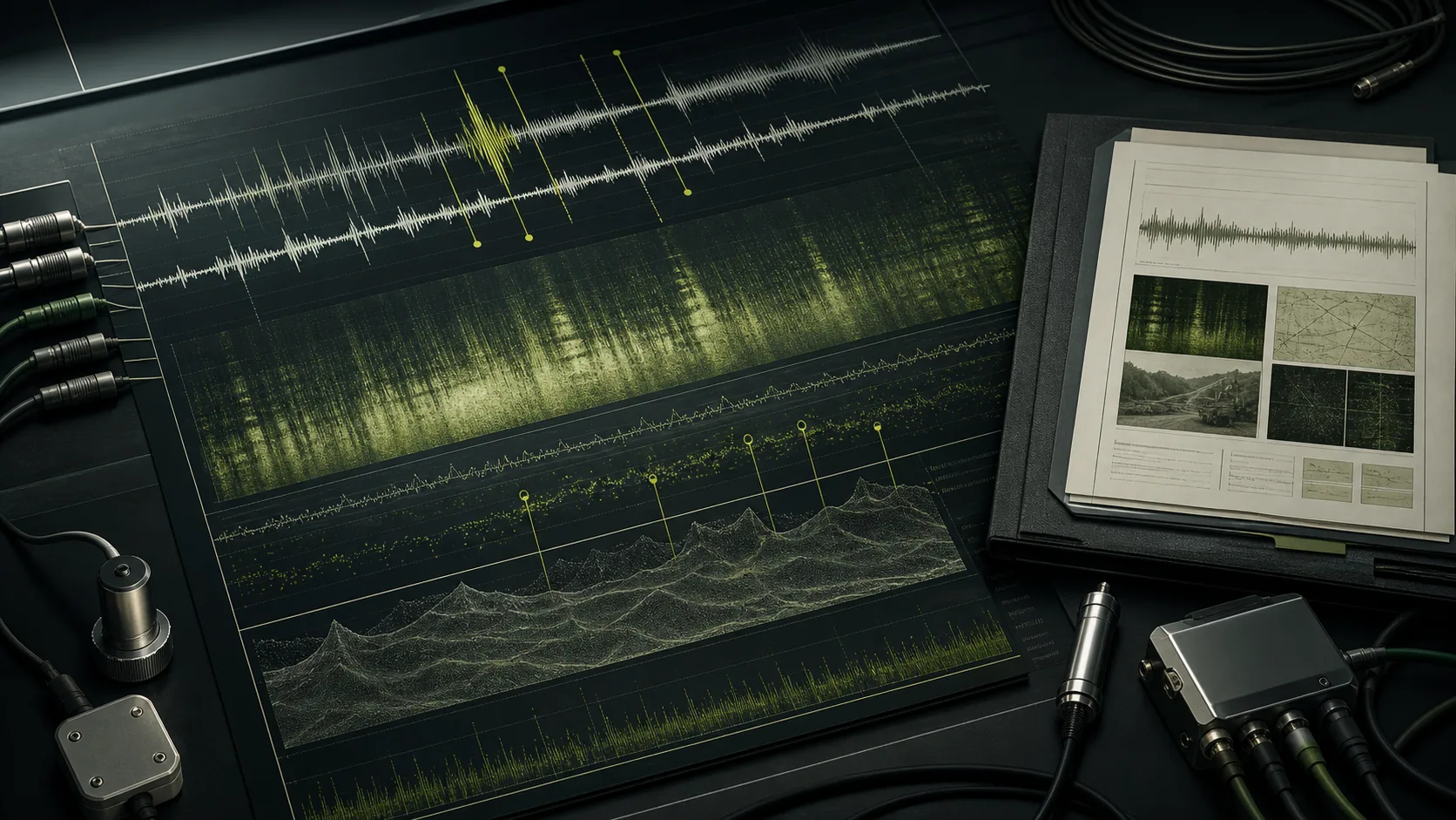 Signal analysis bench with waveform traces, spectrogram layers, sensors, and evidence report materials.